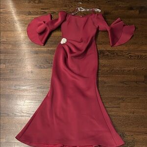 Jovani Burgundy Off-Shoulder Mermaid Gown with Bell Sleeves